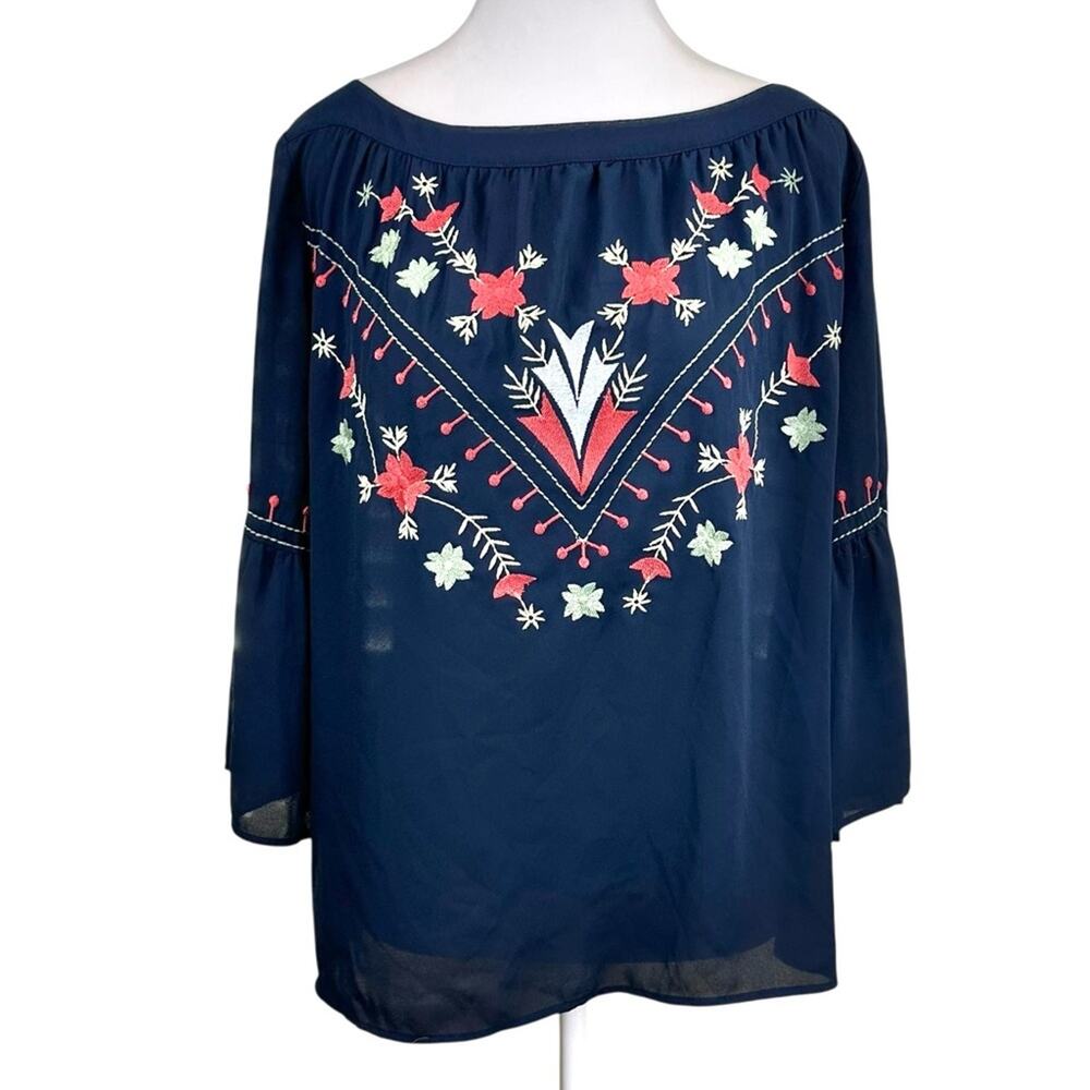Loft Floral Ruffle Bell Sleeve Blouse Top Size Medium Blue Coral White